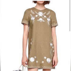 Zara Khaki Linen Floral Embroidered Mini Dress  - Size Medium M
